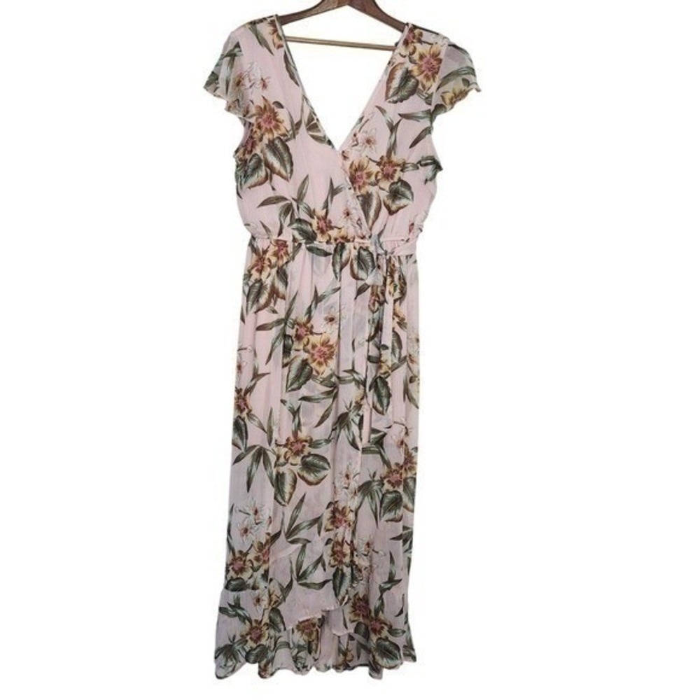 Band of Gypsies Floral Maxi Dress Women Large Pink Flutter Autumn Wedding Guest